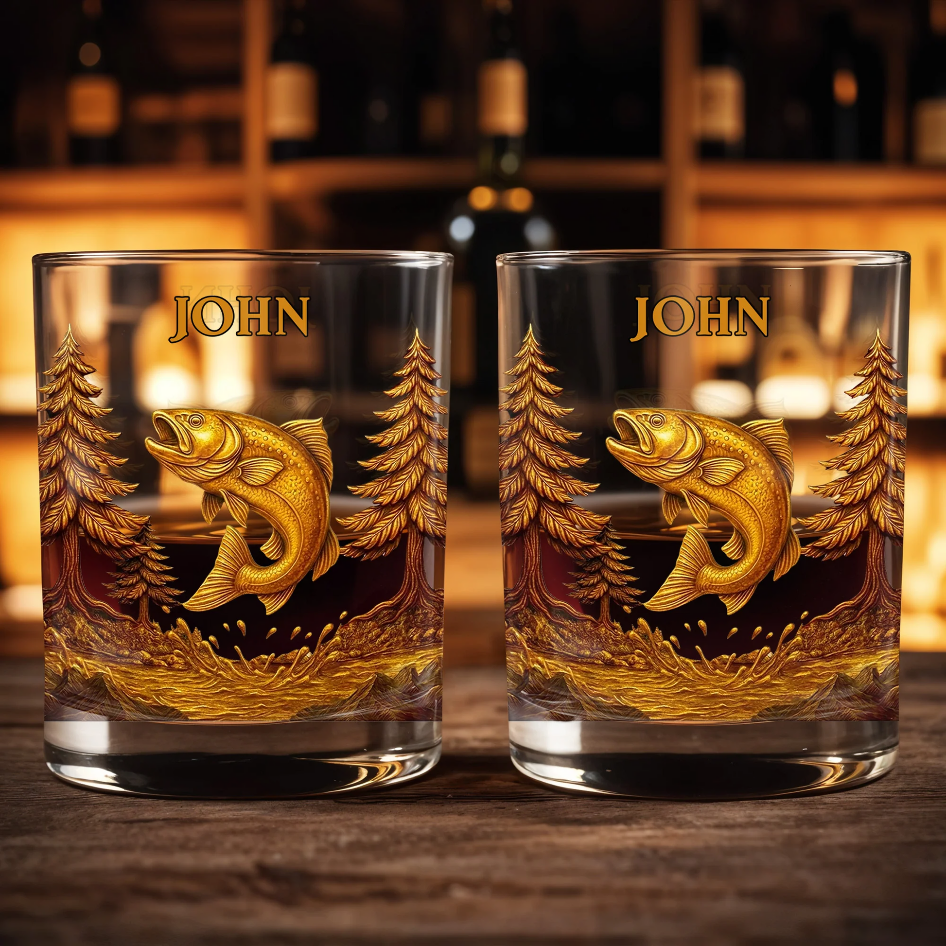 The Spirit Of Nature And Adventure, Tree And Fish Personalized Custom Whiskey Glass, Gift For Dad And Nature Lovers
