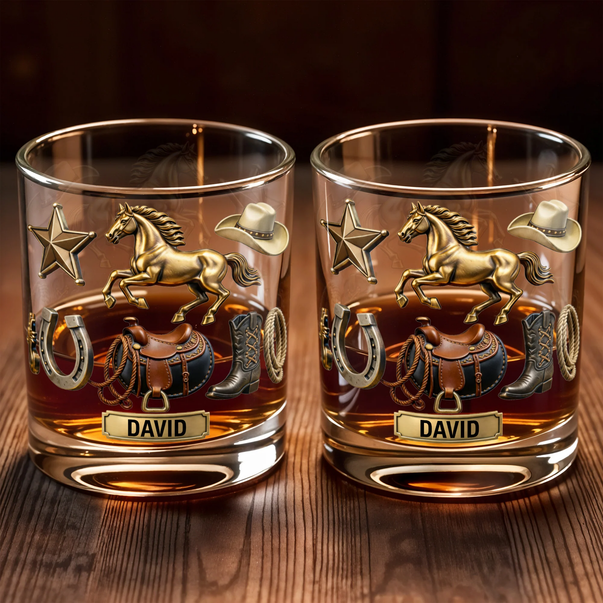 Classic Western Theme, Horse and Cowboy Gear, Personalized Custom Whiskey Glass, Gift for Dad, Horse Lover
