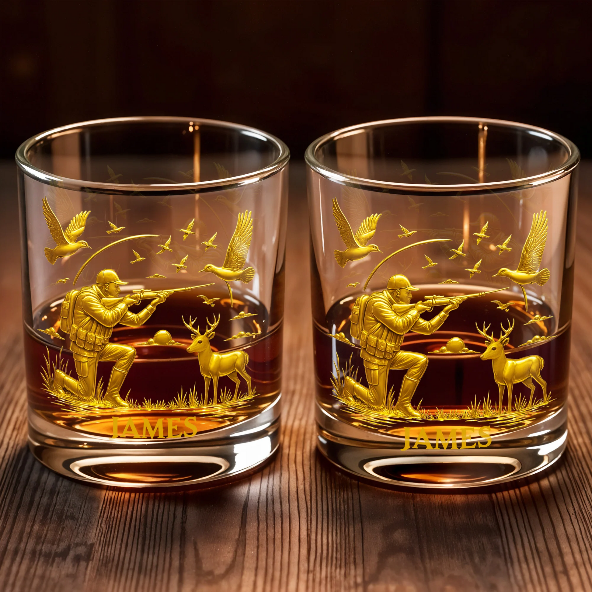 Hunter And Deer Surrounded By Flying Birds, Personalized Custom Whiskey Glass, Gift For Outdoor Enthusiasts