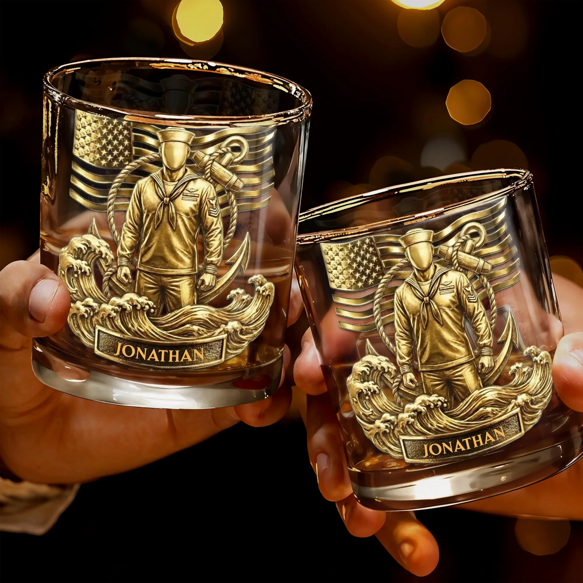 Honoring Our Heroes, American Flag And Military Figure, Personalized Custom Whiskey Glass, Gift For Veterans And Patriots