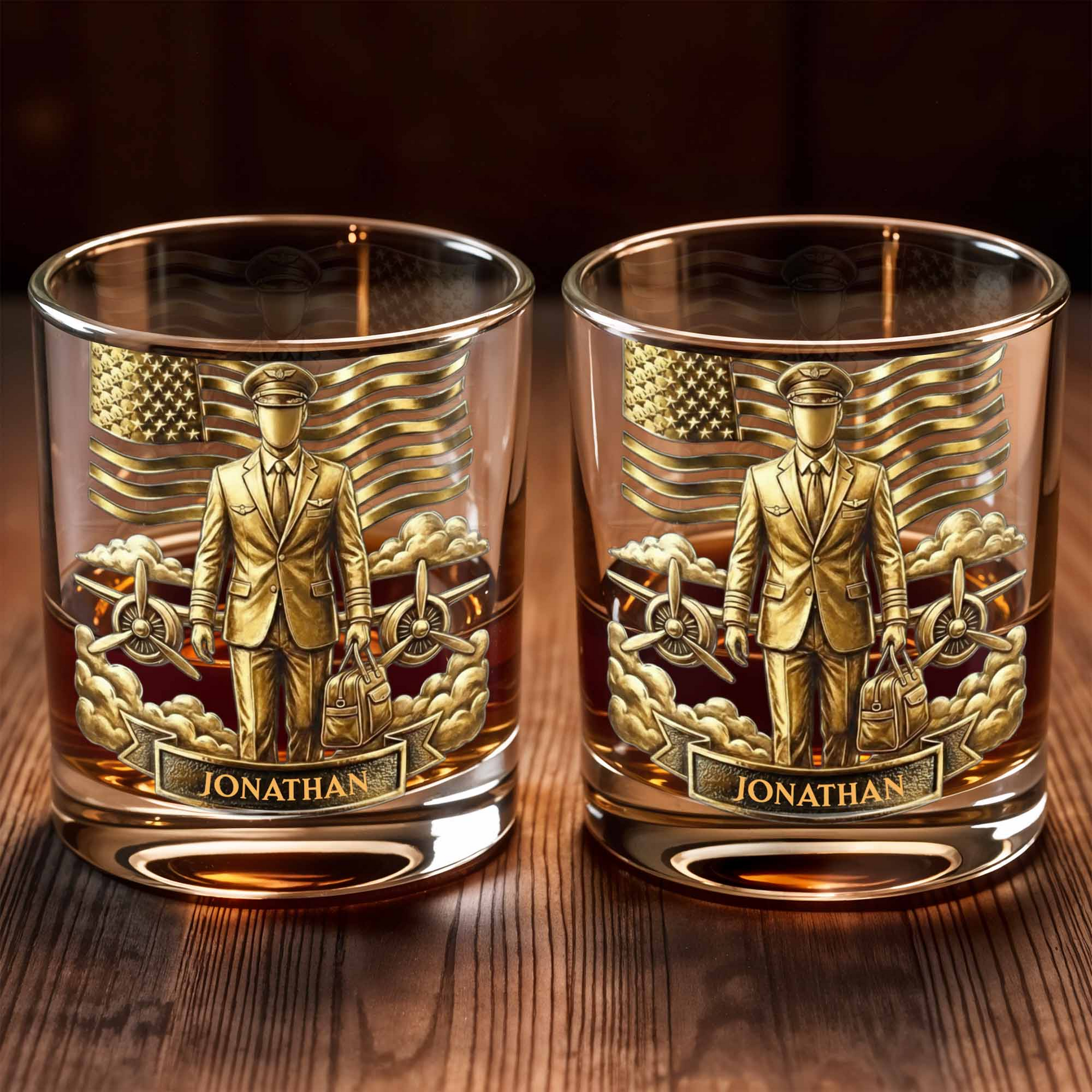 Pilot American Flag Whiskey Glass, Custom Whiskey Glass, Gift For Veterans and Aviation Enthusiasts