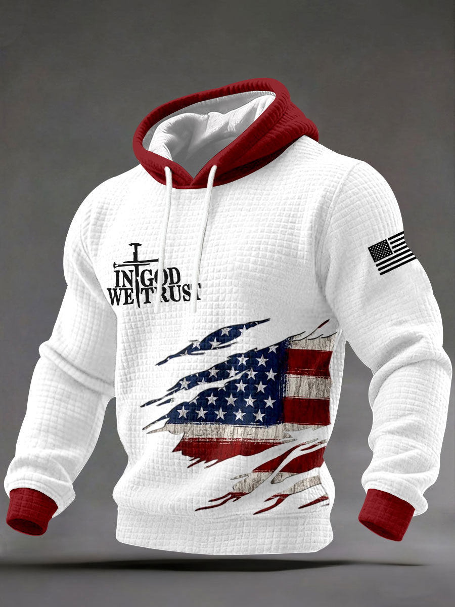In God We Trust Waffle Hoodie Patriotic USA Flag Christian Faith Pullover Gift for Men - Lilybirchmarket