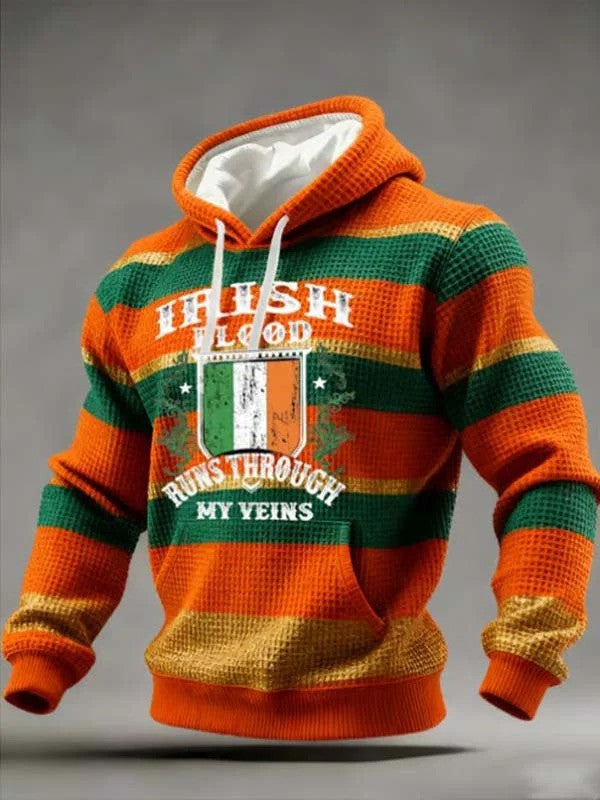 Irish Blood Runs Through My Veins Graphic Pocket Hoodie St Patricks Day Pride Gift Men - Lilybirchmarket