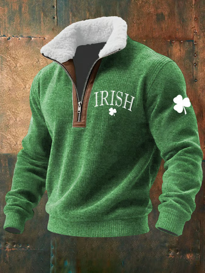  Irish Saint Patrick's Day Shamrock Zipper Fur Collar Sweatshirt St Patrick's Day Green Clothes - TradiViet
