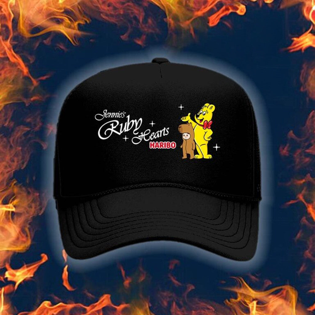 Jennie x Haribo Merch Ruby Hearts Black Trucker Hat Birthday Gift Ideas For Him - Lilybirchmarket