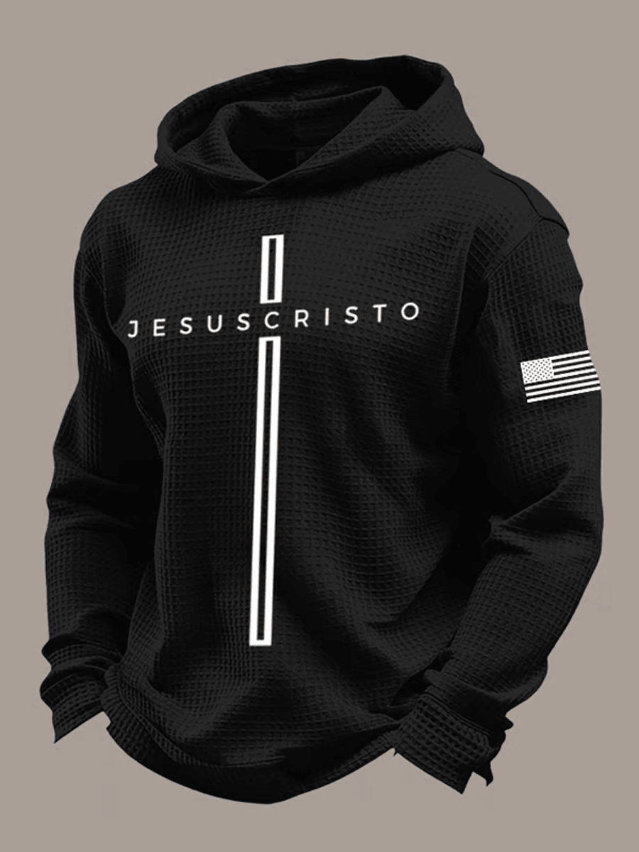 Jesus Cristo Cross Waffle Hoodie USA Flag Faith Pullover Men's Christian Faith Gift - Lilybirchmarket