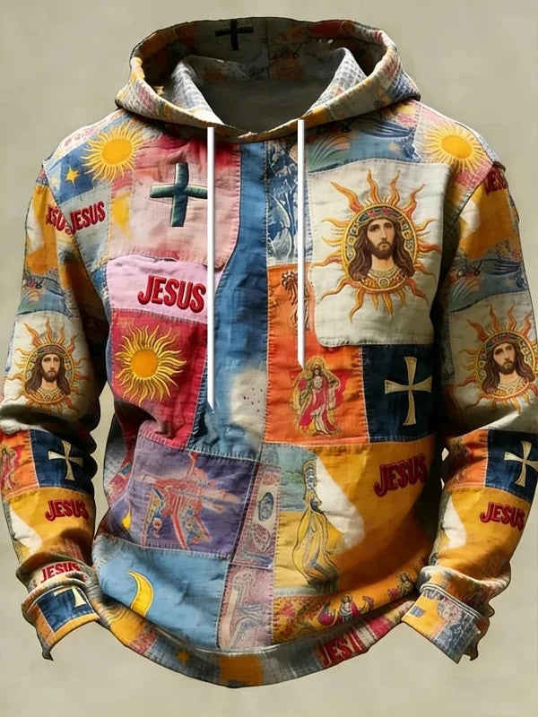 Jesus Faith Cross Colorblock Hippie Art Hoodie Mens Christian Apparel Faith Based Gifts - Lilybirchmarket