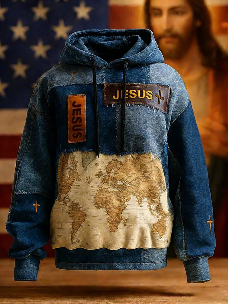 Jesus Faith Patchwork Christian Hoodie Vintage Cross Denim Pullover Religious Gift For Men - Lilybirchmarket