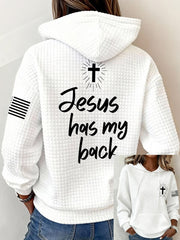Jesus Has My Back Waffle Hoodie USA Flag Cross Christian Clothes Gift For Believer - Lilybirchmarket