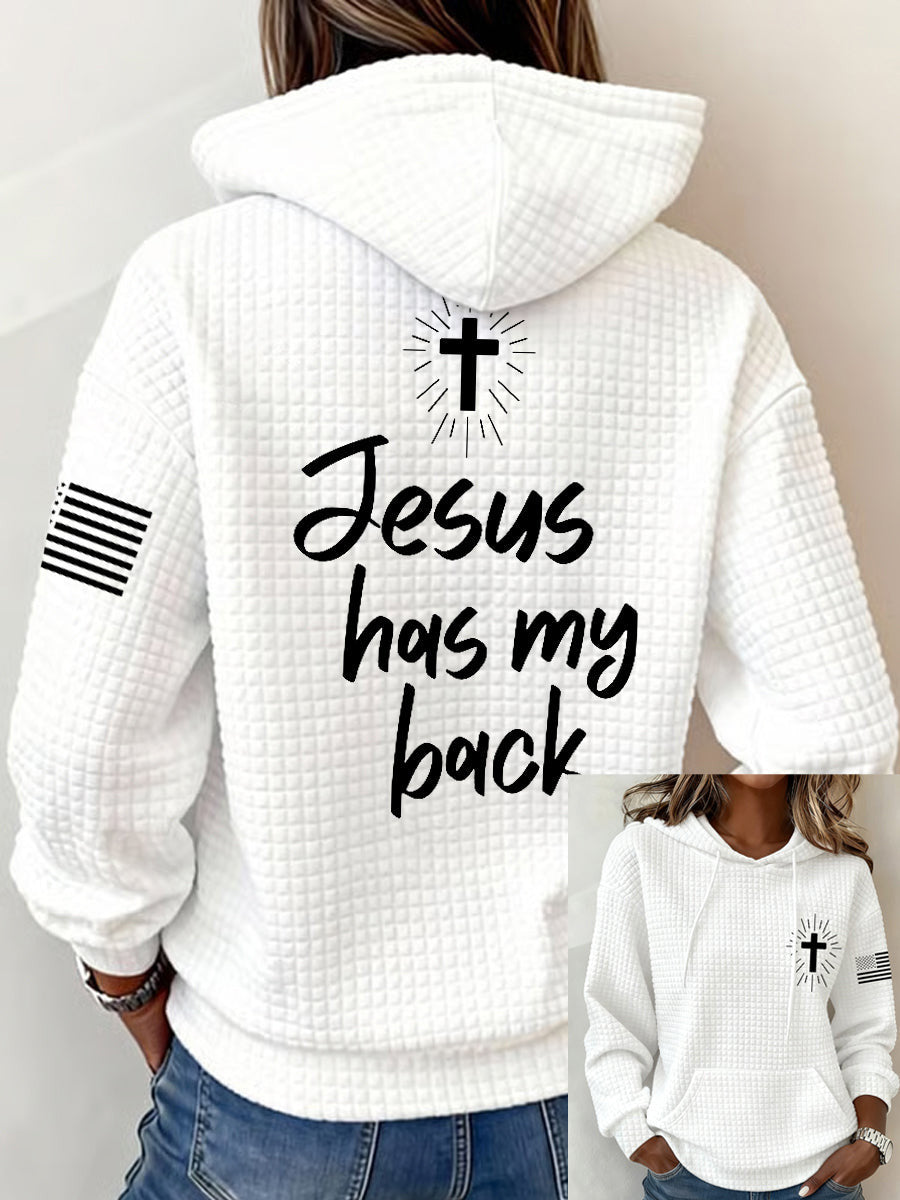 Jesus Has My Back Waffle Hoodie USA Flag Cross Christian Clothes Gift For Believer - Lilybirchmarket
