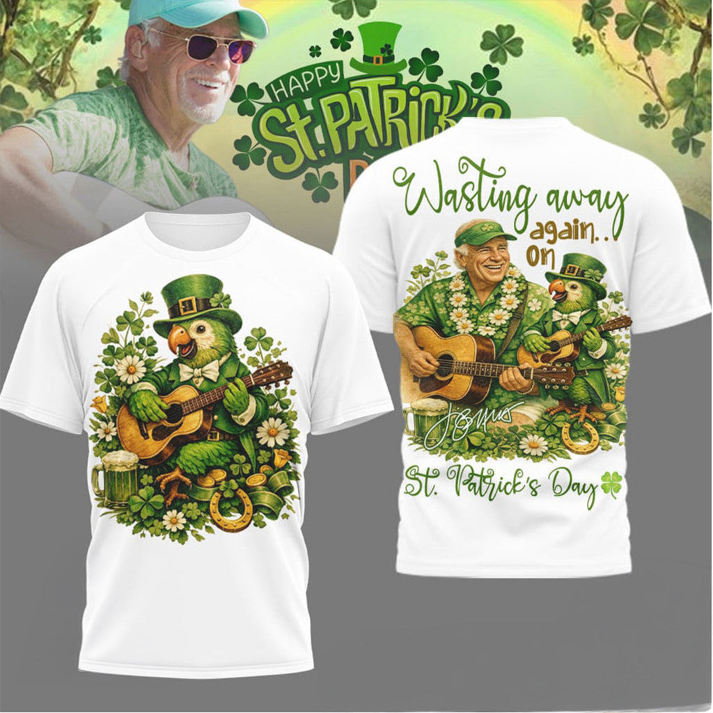 Jimmy Buffett St Patrick's Day Wasting Away Again Parrott T-Shirt Jimmy Buffett Merch Dad Gifts - TradiViet