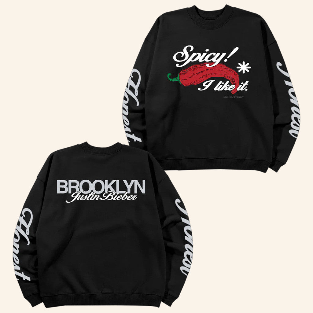 Justin Bieber Merch Spicy x Brooklyn Black Crewneck Sweatshirt Birthday Gift For Friends - Lilybirchmarket