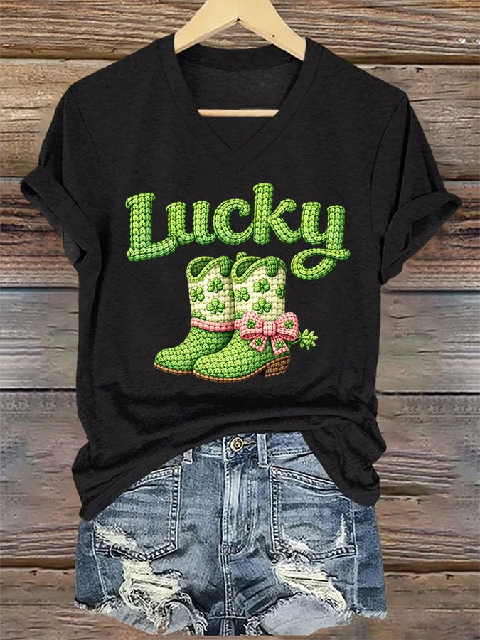  Lucky Boots V Neck T-Shirt Forever Irish Paddys Day T-Shirts Cute St Patrick's Day Gifts - TradiViet
