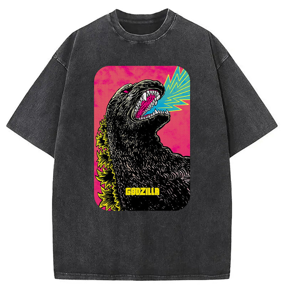 Manga Godzilla Washed T-Shirt Retro Humor Graphic Top Gifts For Besties - Lily Birch Market