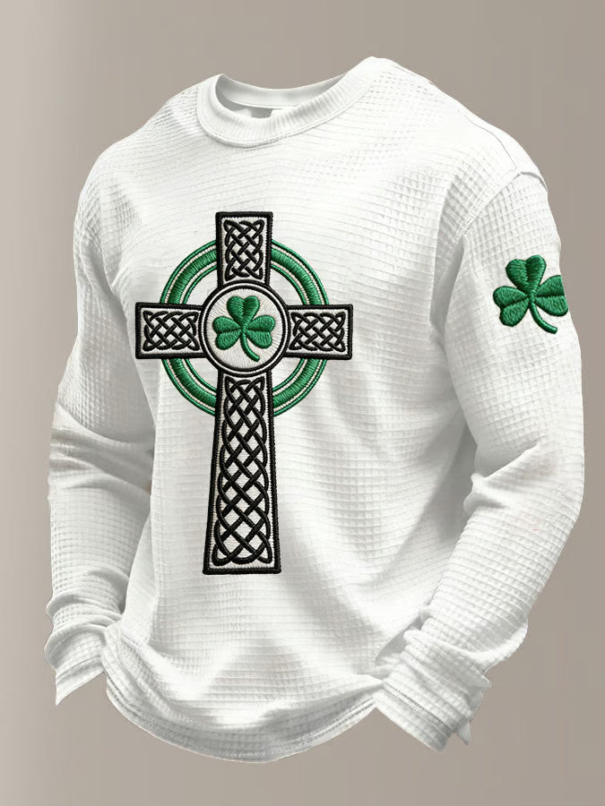  Men's St Patrick's Day Shamrock Celtic Knot Cross Print Long Sleeve T Shirt Festive Irish Gifts - TradiViet