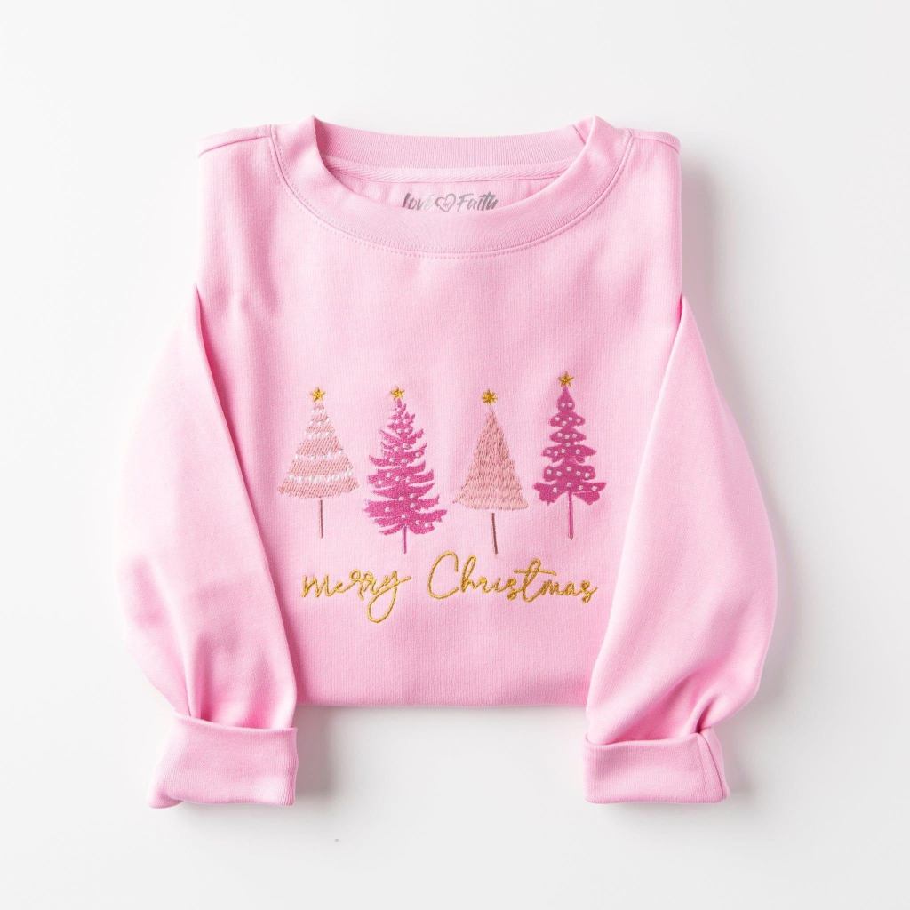 Merry Christmas Embroidered Pink Sweatshirt Women's Christmas Clothing Gifts For Her - Lilybirchmarket