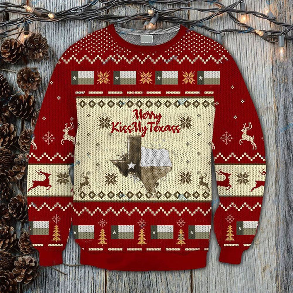 Merry Kiss My Texas Sweatshirt Vintage Texas Flag Ugly Christmas Sweatshirt Xmas Gifts - Lilybirchmarket