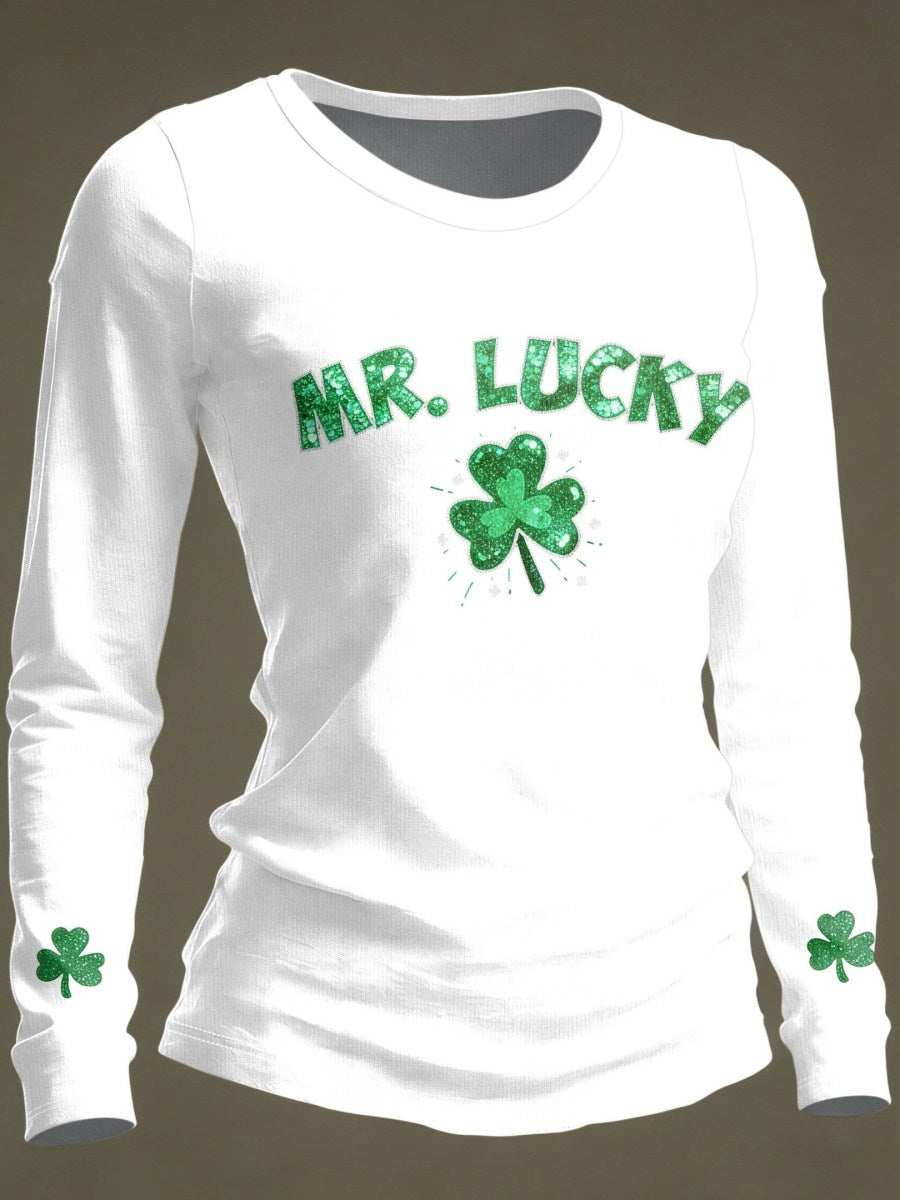 Mr Lucky White Long Sleeve Shirt St Patrick's Day Clover Clothing Gift For Her - Lily Birch Market