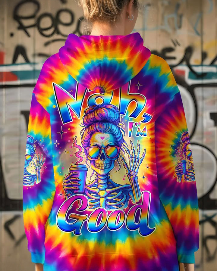 Nah I'm Good Messy Bun Skull Tie Dye All Over Print Hoodie Women's Cool Hoodie For Ladies - Lilybirchmarket