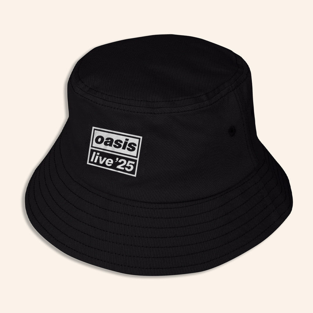 Oasis Merch 2025 Live 25 Printed Logo Bucket Hat Black Presents For Fans - Lilybirchmarket