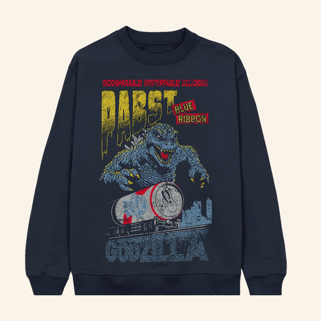 Pabst Blue Ribbon Merch Godzilla Runaway Pbr Train Navy Sweatshirt Xmas Presents For Dad - Lilybirchmarket