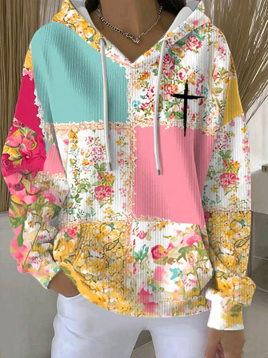 Patchwork Floral Cross Hoodie Christian Vintage Patchwork Faith Pullover Gift - Lilybirchmarket