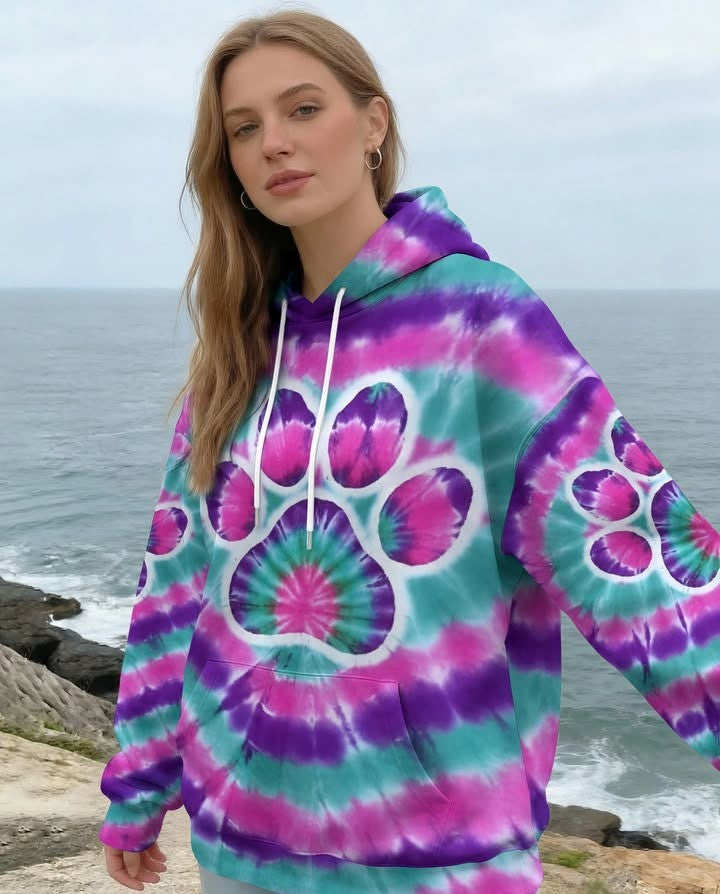 Paw Print Tie Dye Hoodie Paw Dog Hooded Sweatshirt Perfect Gifts For Dog Lovers - Lilybirchmarket