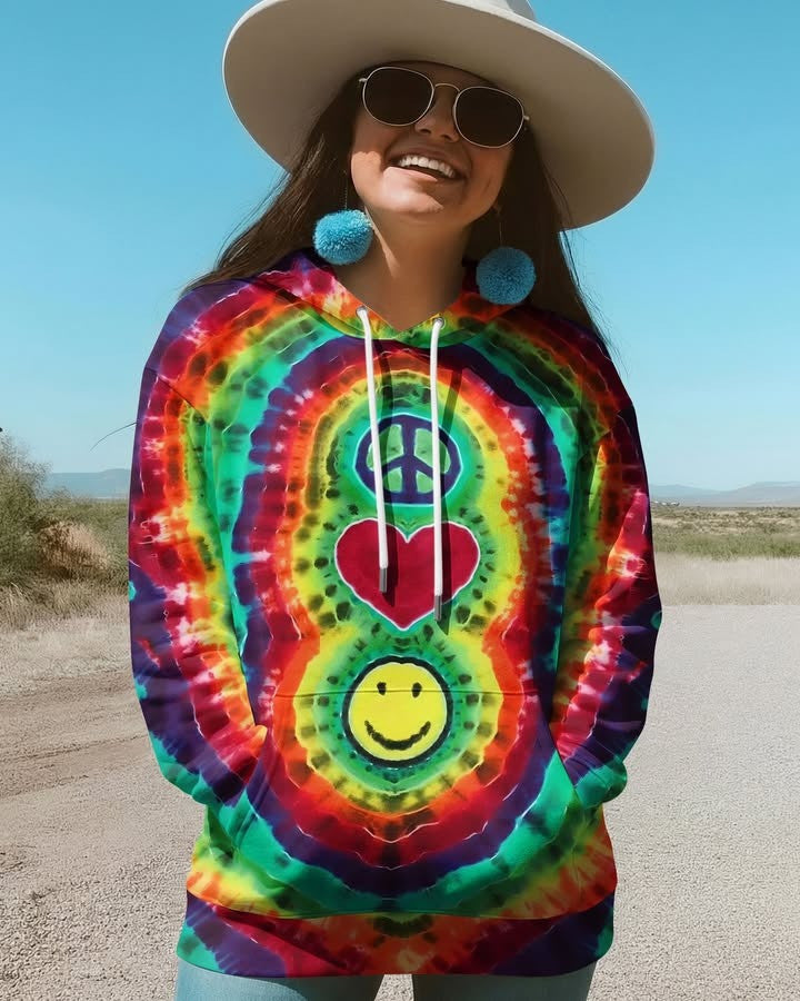 Peace Love Happy Rainbow Tie Dye Hoodie Hippy Style Clothes Gifts Ideas For Sisters - Lilybirchmarket