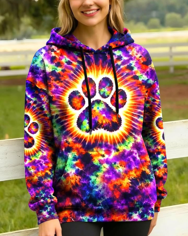 Prismatic Rebel Paw Tie Dye Hoodie Psychedelic Paw Print Pullover Dog Lover Gift - Lilybirchmarket