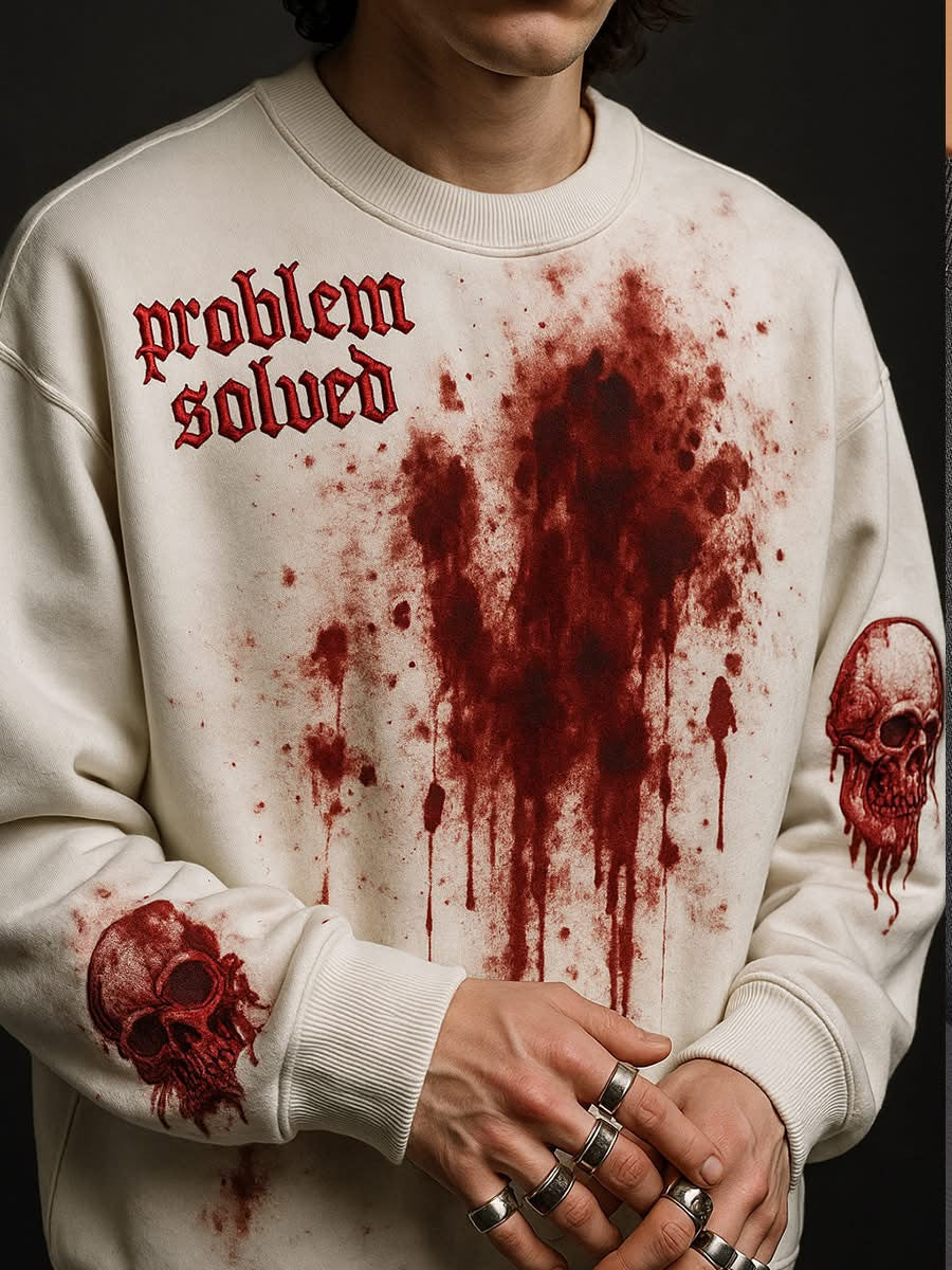 Problem Solved Skull Sweatshirt Horror Scary Bloody Apparel Halloween Gifts Men's - Lilybirchmarket
