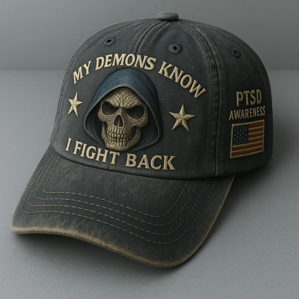 PTSD Awareness Skull My Demons Know I Fight Back Hat PTSD Awareness Hat Dad Gifts - Lilybirchmarket