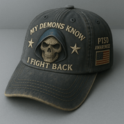 PTSD Awareness Skull My Demons Know I Fight Back Hat PTSD Awareness Hat Dad Gifts - Lilybirchmarket