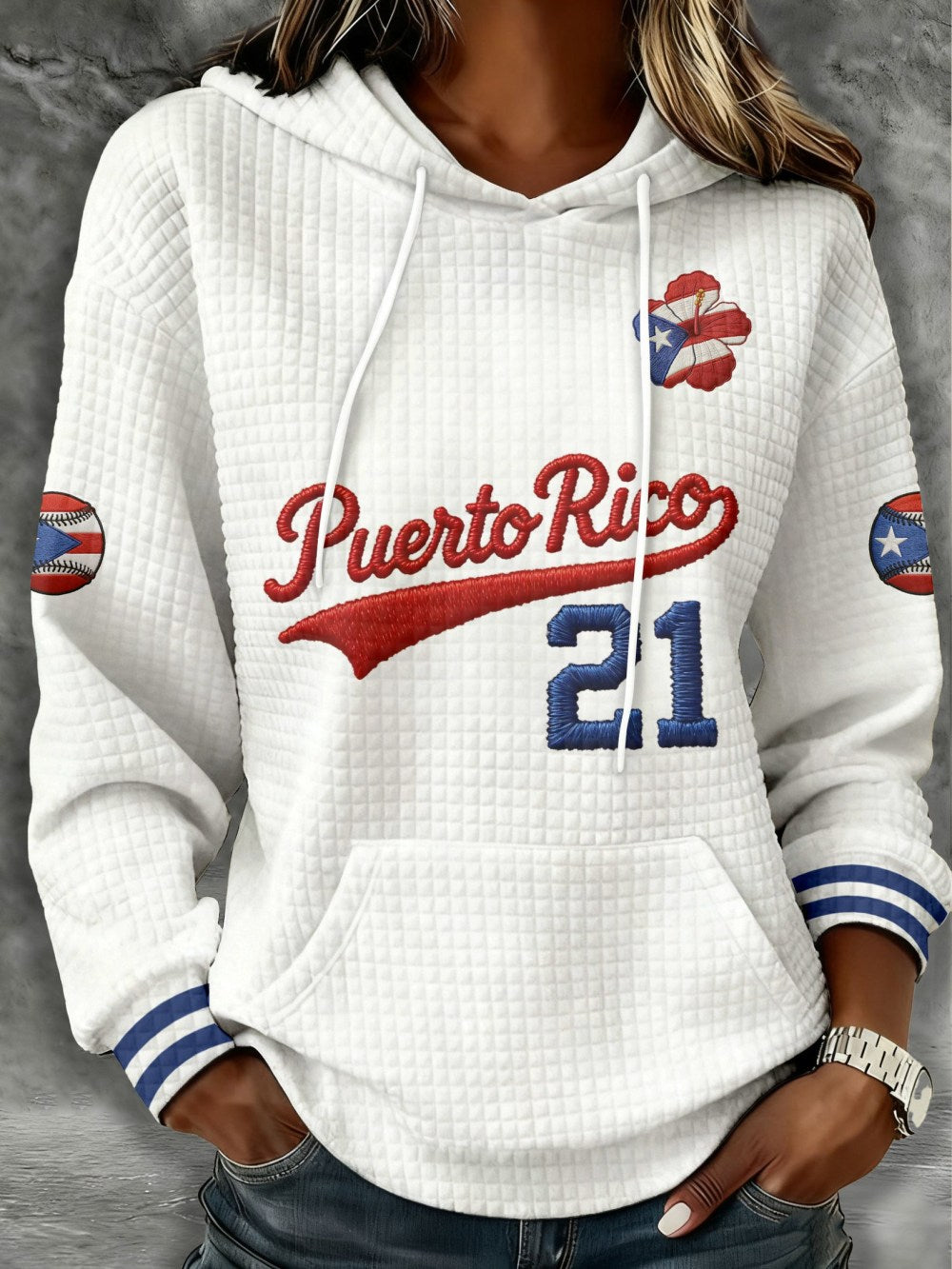 Puerto Rico Baseball Merch Clemente 21 Waffle Hoodie Women's World Baseball Classic 2026 Merch - Lilybirchmarket