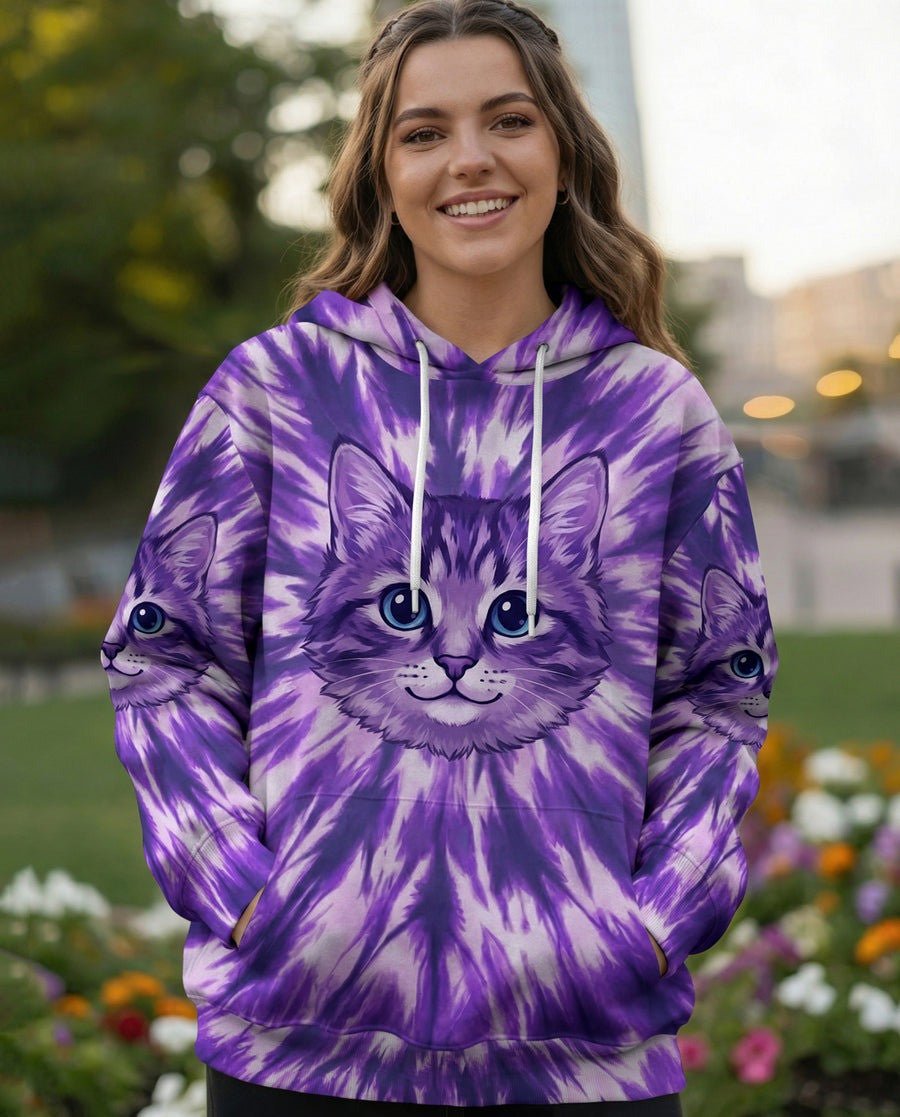 Purple Aura Cat Tie Dye Hoodie Psychedelic Kitty Pullover Gift For Best Friend - Lilybirchmarket