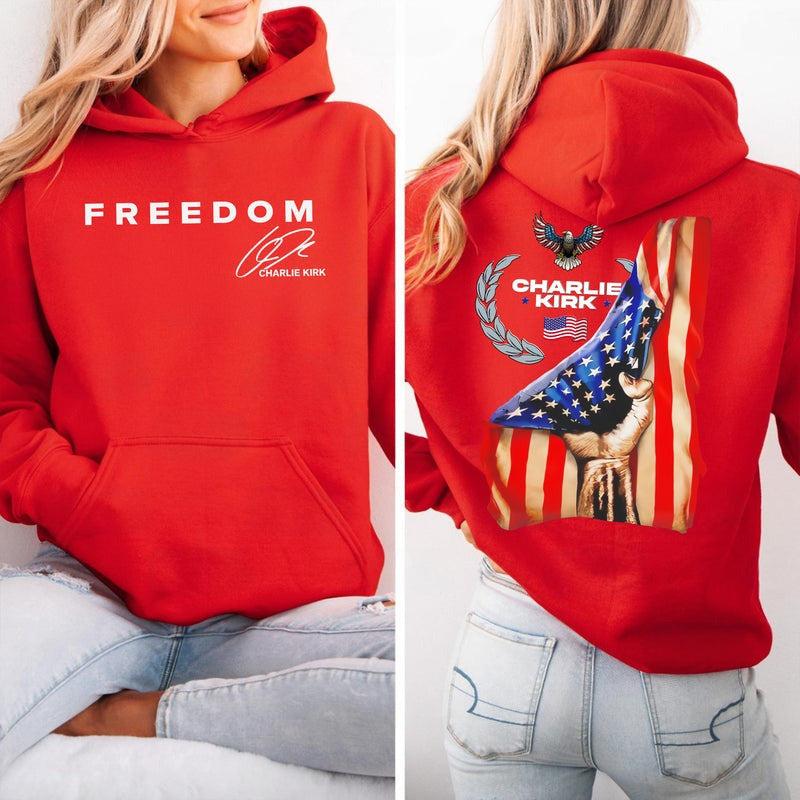 Red Charlie Kirk Freedom Merch Hoodie Signed American Flag Wear Red On October 14 Day - Lilybirchmarket