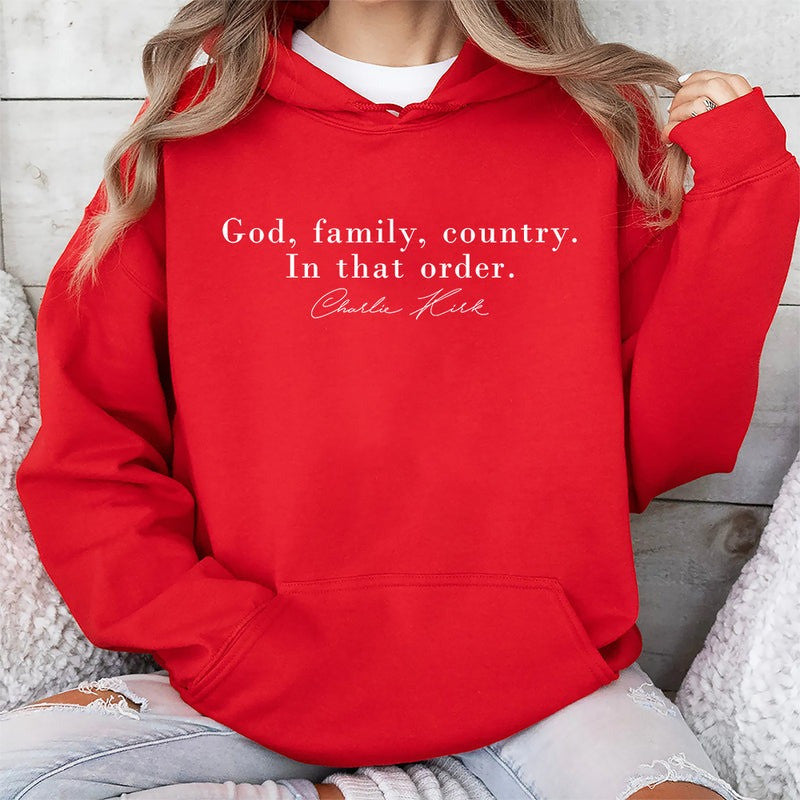 Red Charlie Kirk Hoodie God Family Country In That Order October 14 Charlie Kirk Day Apparel - Lilybirchmarket