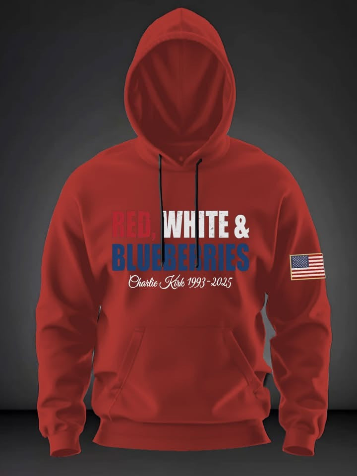 Red Charlie Kirk Merch Hoodie Red White And Blueberries Memorial Merch Wear Red Day Clothes - Lilybirchmarket