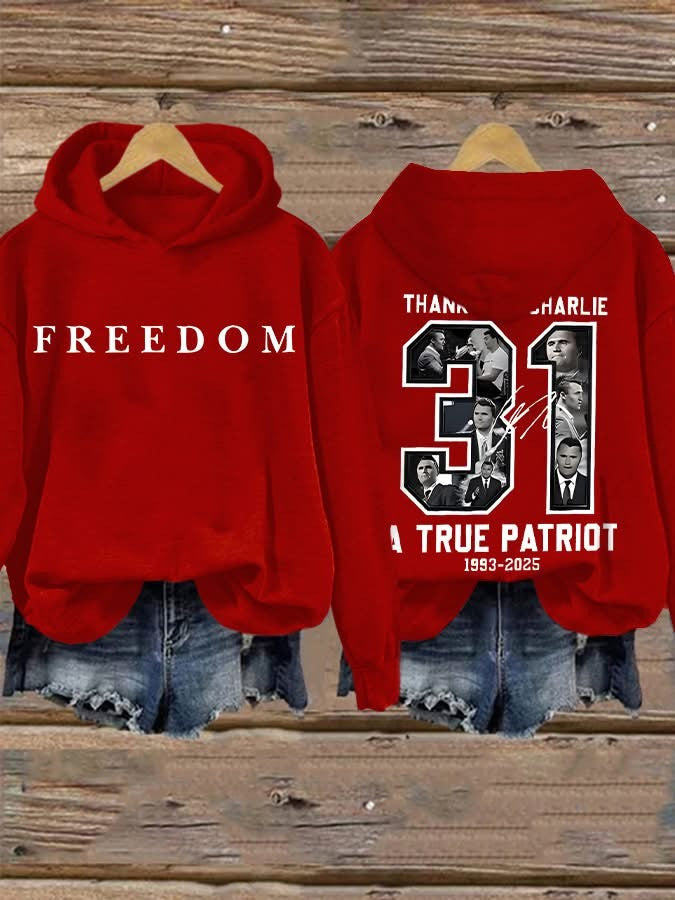 Red Freedom Charlie Kirk Hoodie Thank You 31 A True Patriot October 14 Charlie Kirk Day - Lilybirchmarket