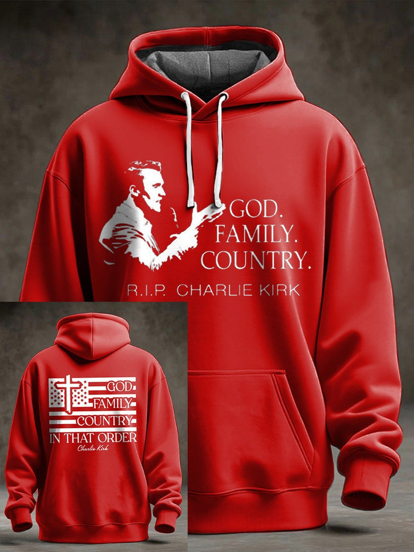 Red RIP Charlie Kirk Memorial Merch Hoodie God Family Country In That Order Wear Red Day - Lilybirchmarket