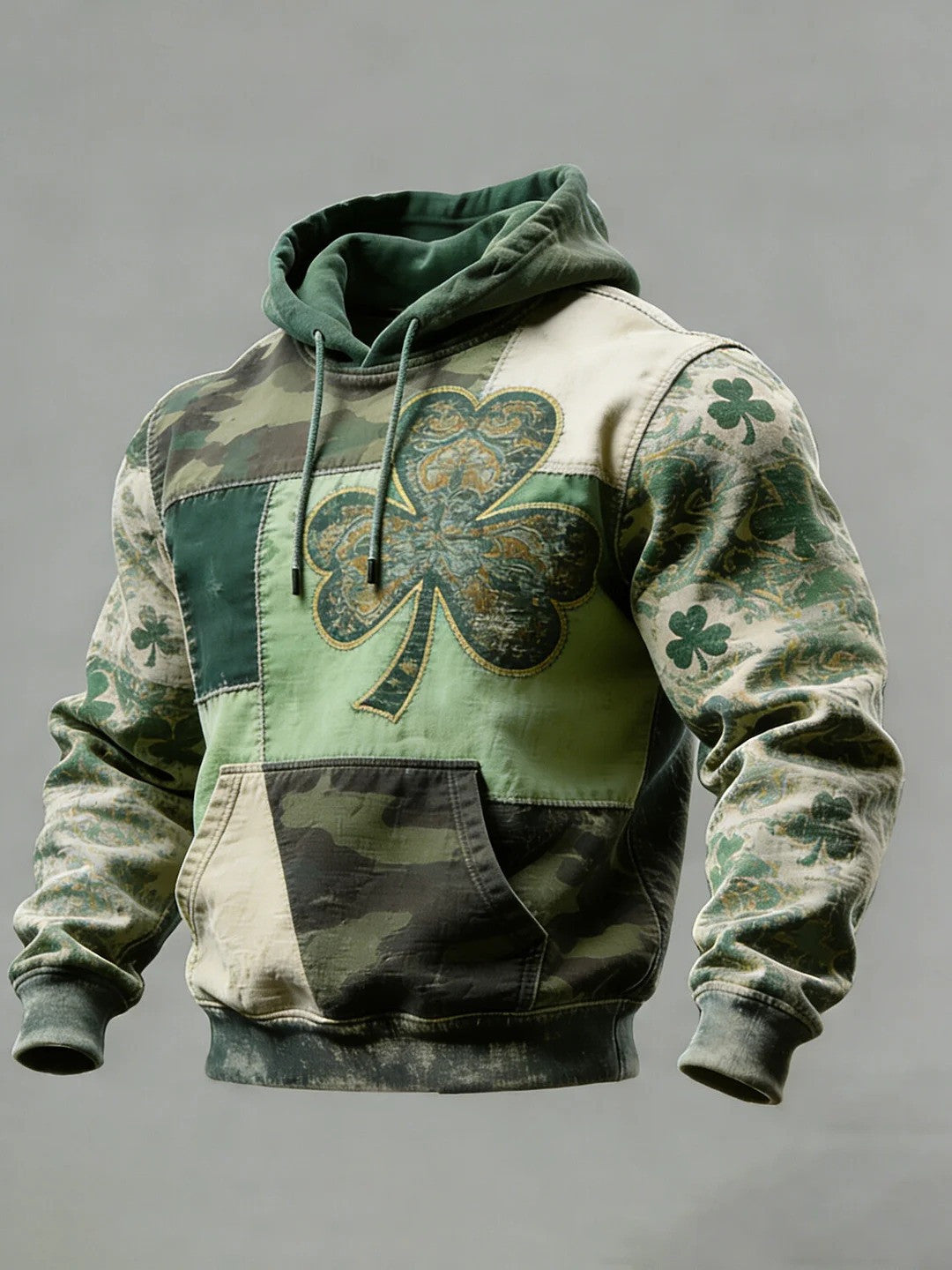 Retro Camo St Patricks Day Clover Patchwork Graphic Pocket Hoodie Irish Gift For Men - Lilybirchmarket
