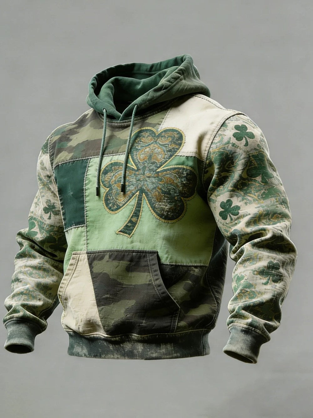 Retro Camo St Patricks Day Clover Patchwork Graphic Pocket Hoodie Irish Gift For Men - Lilybirchmarket
