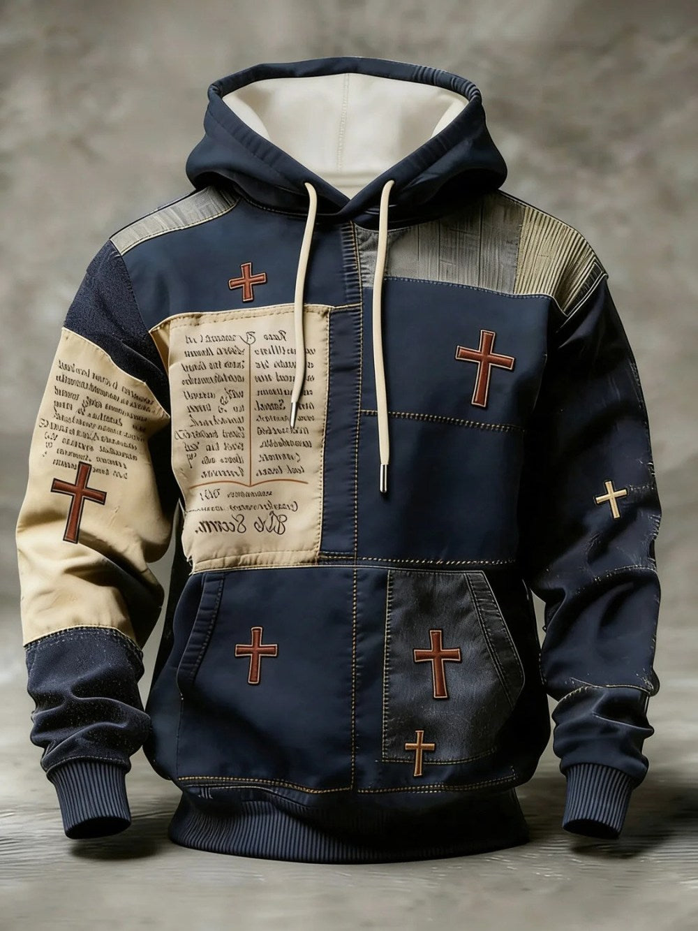 Retro Faith Cross Geometric Patchwork Hoodie Men's Christian Apparel Gifts For Jesus Lover - Lilybirchmarket