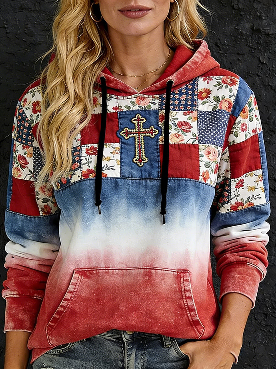 Retro Floral Faith Art Hoodie Christian Cross Patchwork Pullover Vintage For Women - Lilybirchmarket