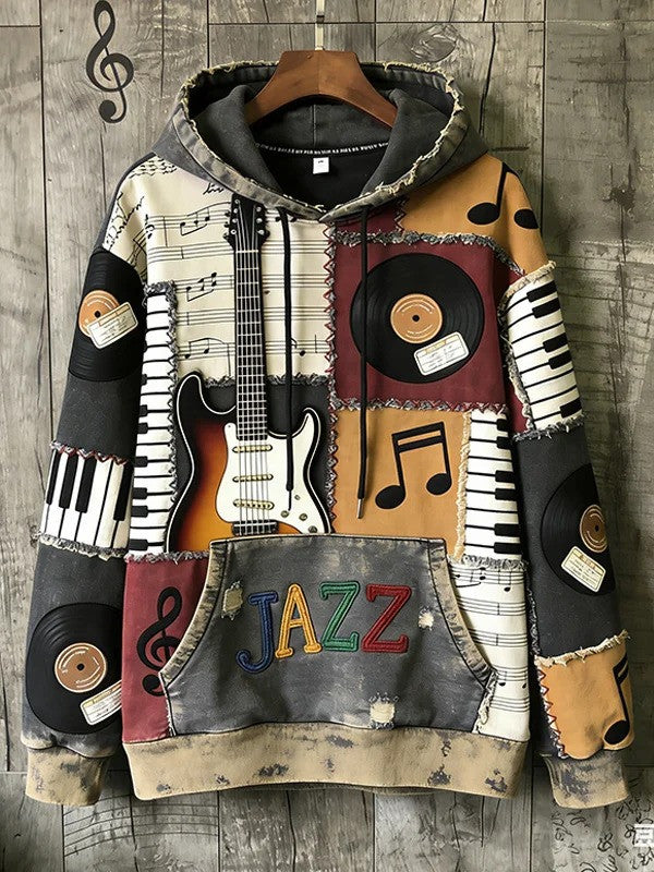 Retro Jazz Music Piano Hoodie Men Vinyl Records Art Graphic Apparel Best Gift For Music Lovers - Lilybirchmarket