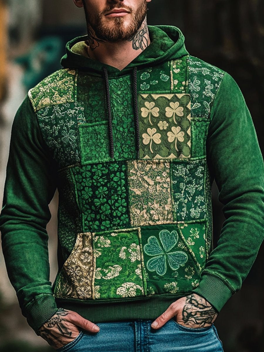 Retro St Patrick's Day Print Hoodie Shamrock Patchwork Hoodie St Patrick's Day Gifts For Him - Lilybirchmarket