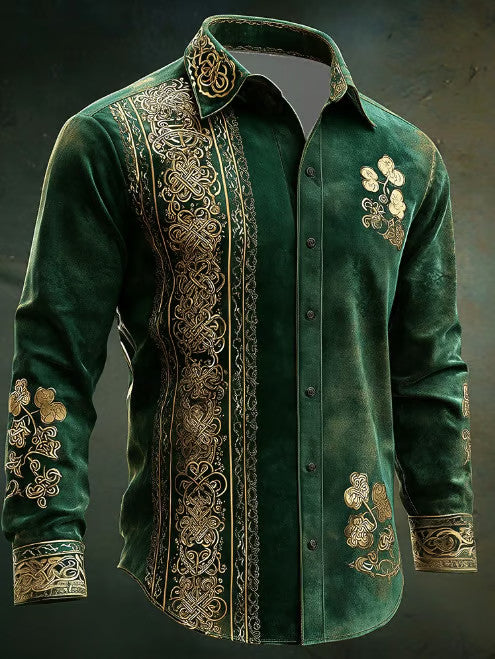 Saint Patrick's Day Celtic Cross Intricate Floral Long Sleeve Button Up Shirt Irish Gifts - TradiViet