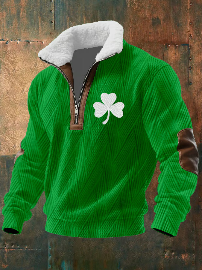  Saint Patrick's Day Clover Zipper Fur Collar Sweatshirt St Patricks Day Clothes Men - TradiViet