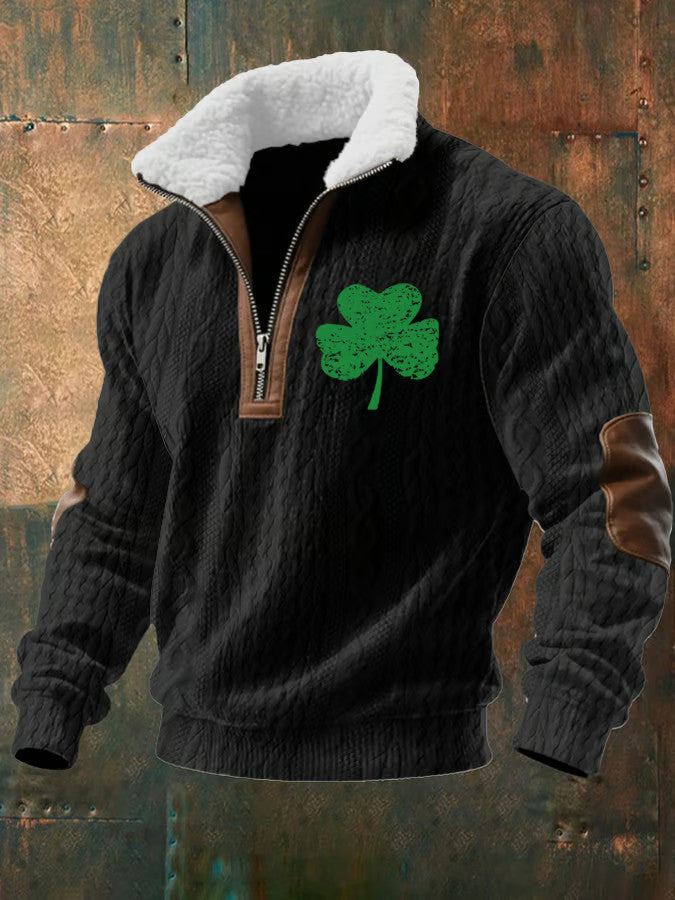  Saint Patrick's Day Clover Zipper Fur Collar Sweatshirt St Patricks Day Merch Men's - TradiViet