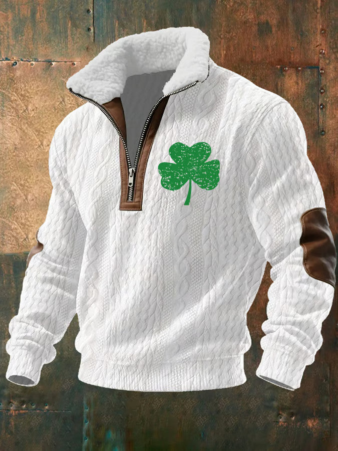  Saint Patrick's Day Clover Zipper Fur Collar Sweatshirt St Patricks Day Merch Men's - TradiViet