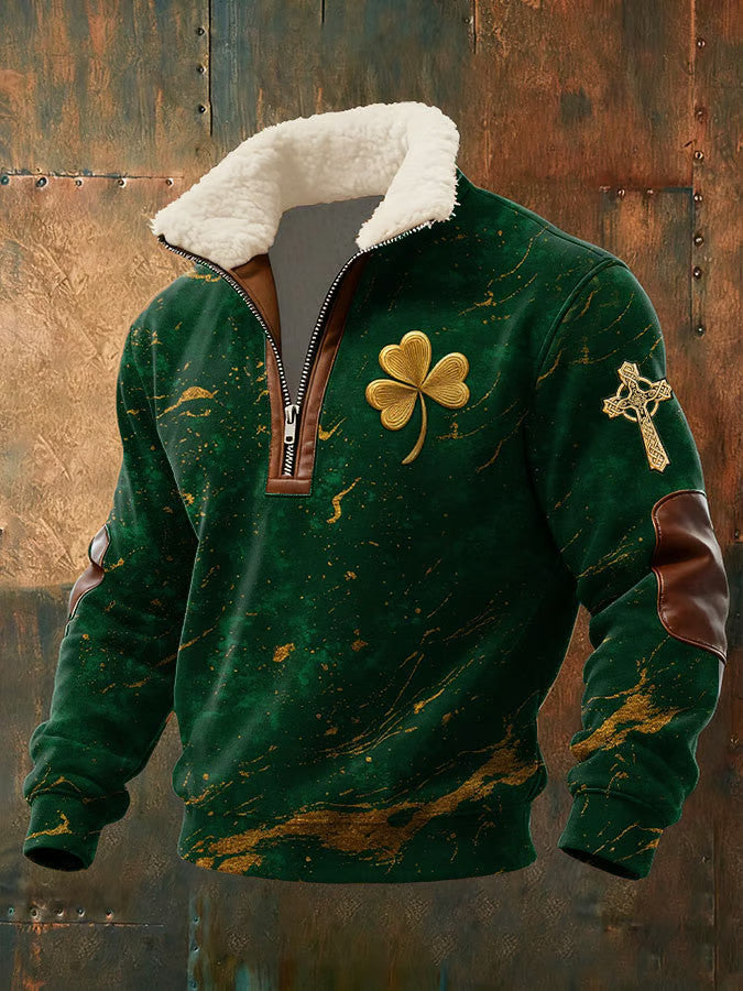  Saint Patrick's Day Shamrock Zipper Fur Collar Sweatshirt St Patty's Day Apparel Festive Irish Gifts - TradiViet
